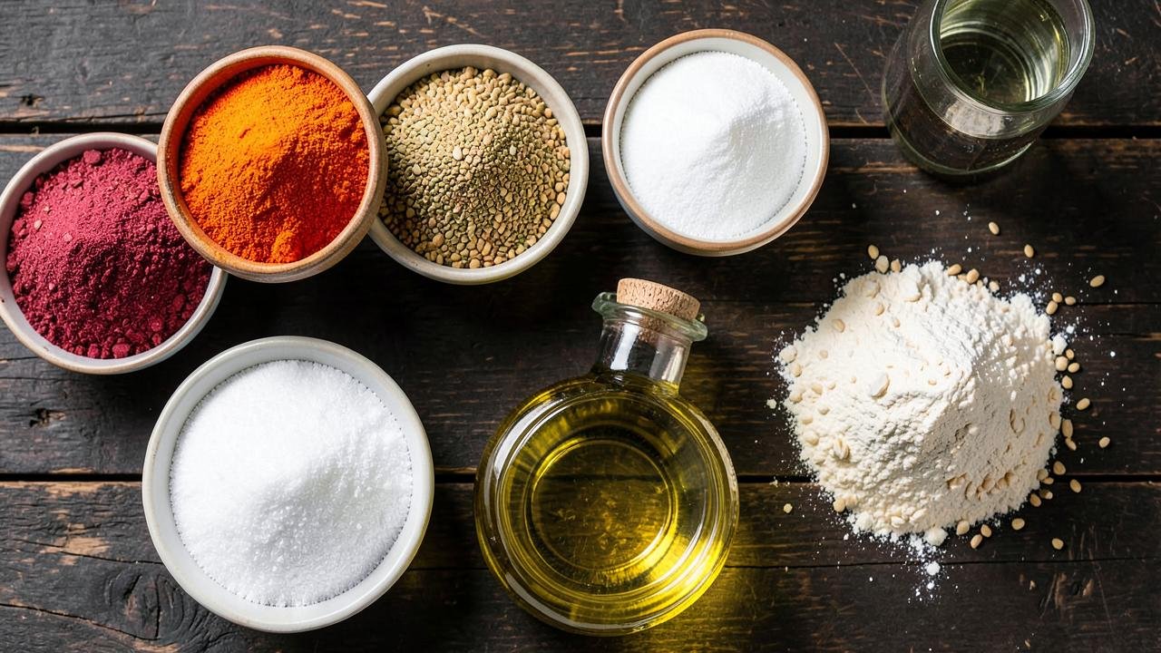 Spices, sugar, edible oil and flour arranged on a dark wooden table
