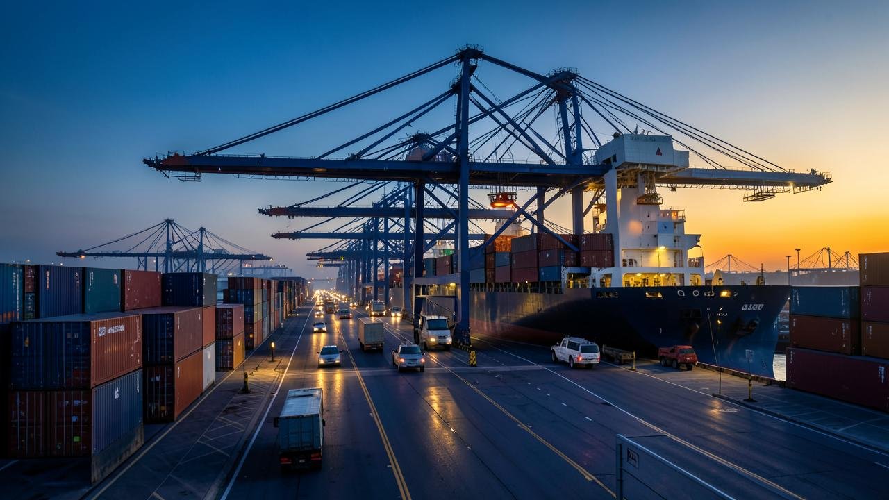 Container ship being loaded by gantry cranes at a port terminal at dusk