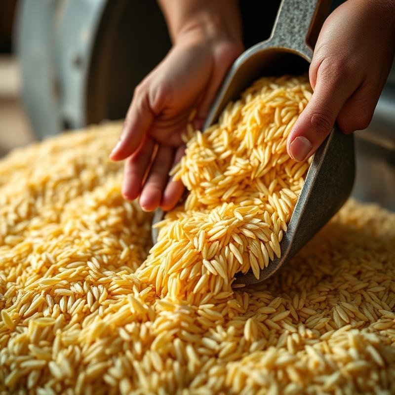 Rice grains being inspected at a mill
