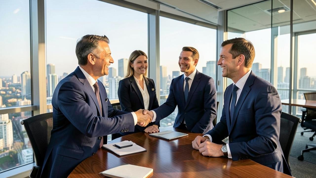 Export executives shaking hands during a market representation meeting in a city office