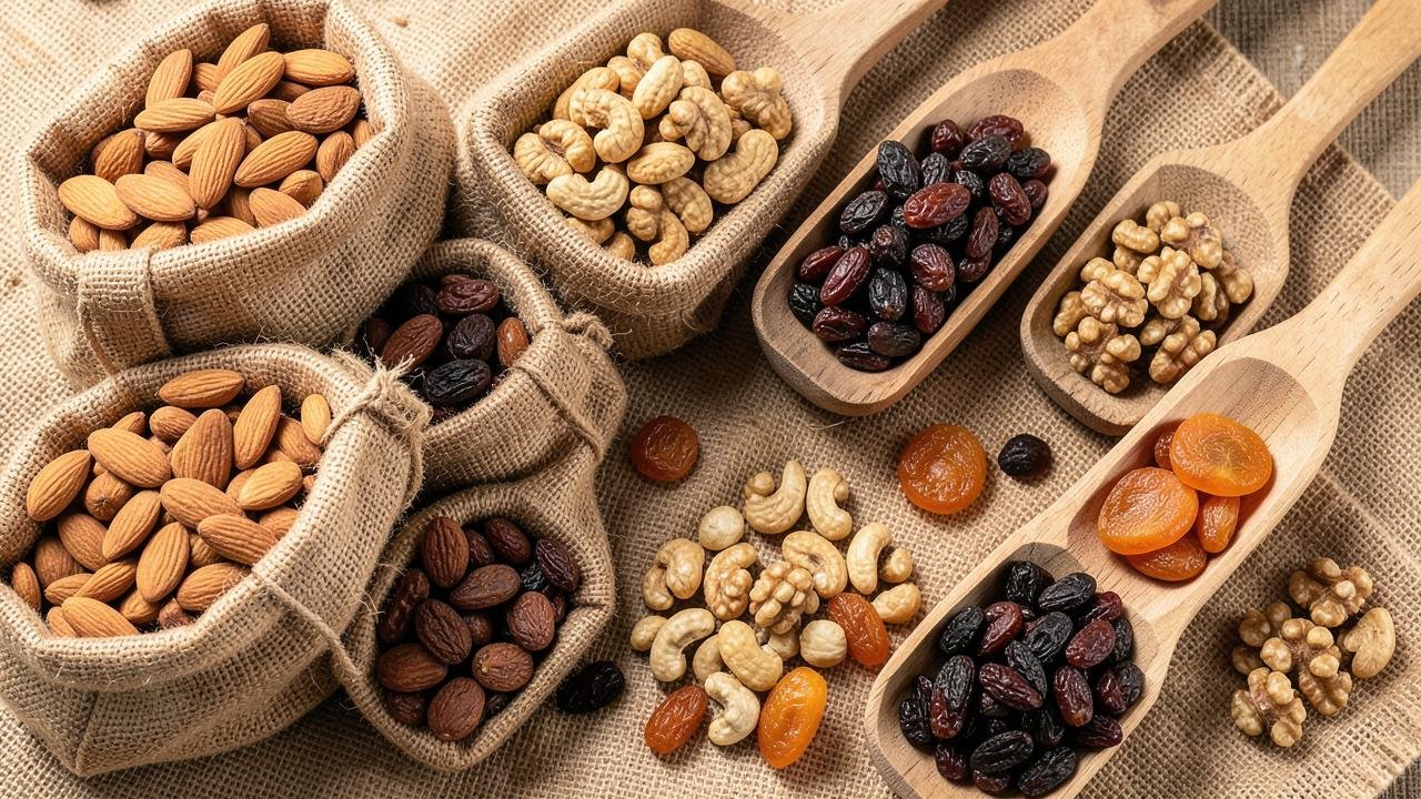 Almonds, cashews, walnuts, raisins and dried apricots in sacks and wooden scoops