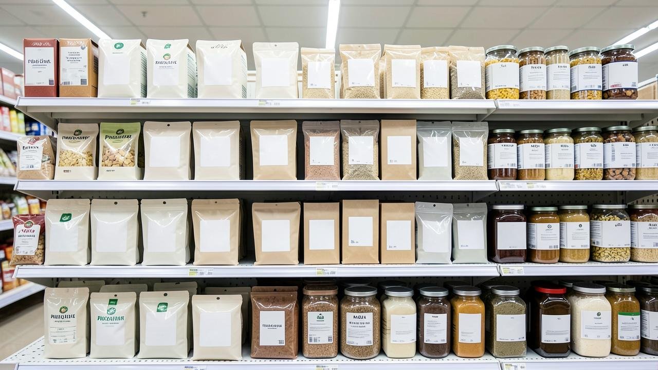 Retail shelf of unbranded private label packaged food products
