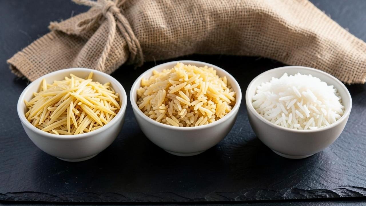 Bowls of basmati, parboiled and long-grain rice beside a burlap sack