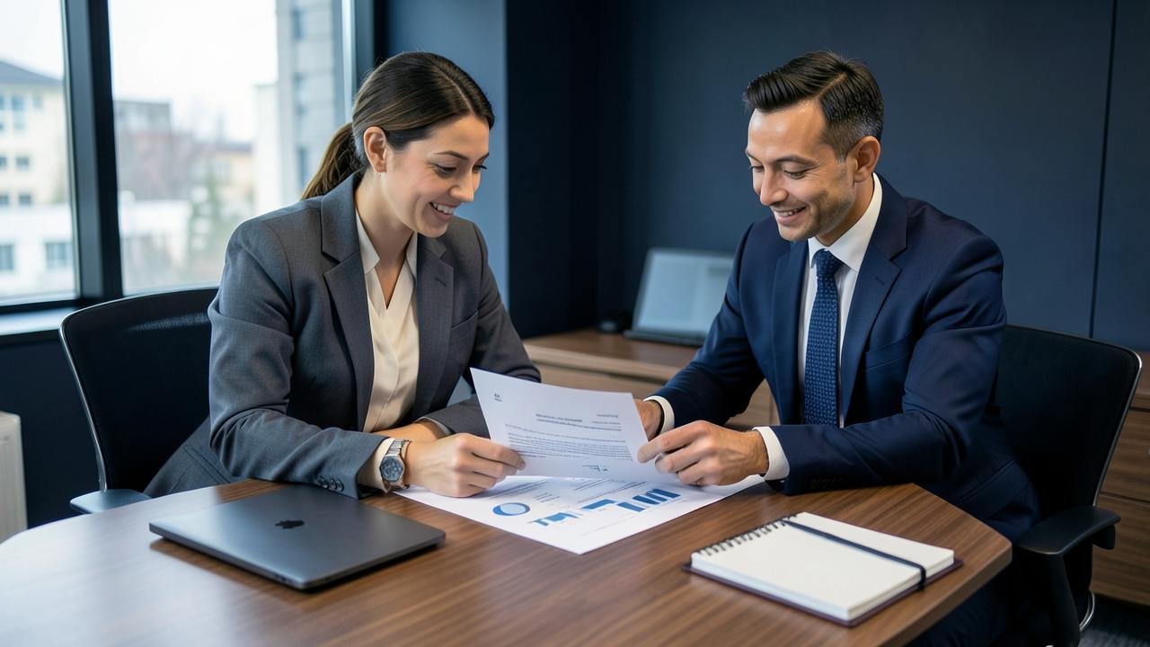 Two professionals reviewing a sourcing agreement and performance charts