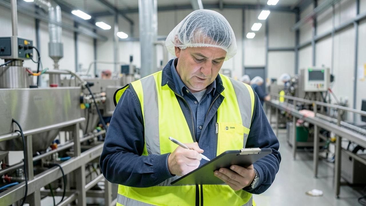 Quality inspector auditing a food processing production line with a clipboard