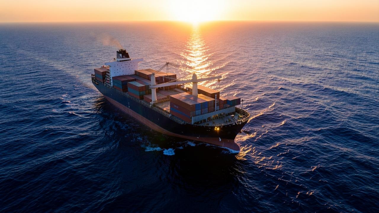 Container vessel crossing open ocean at sunrise on a long-haul trade route
