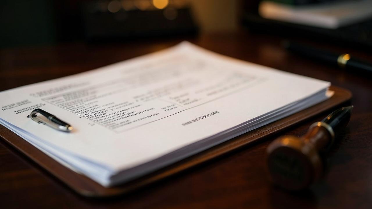 Stack of shipping paperwork with a pen and stamp on a desk