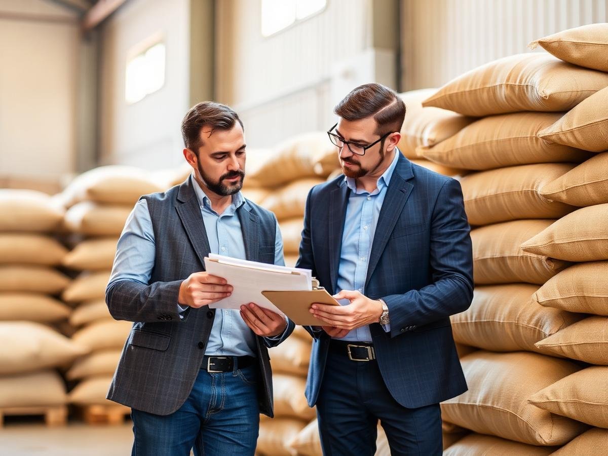 Two trade professionals reviewing commodity documents in a warehouse
